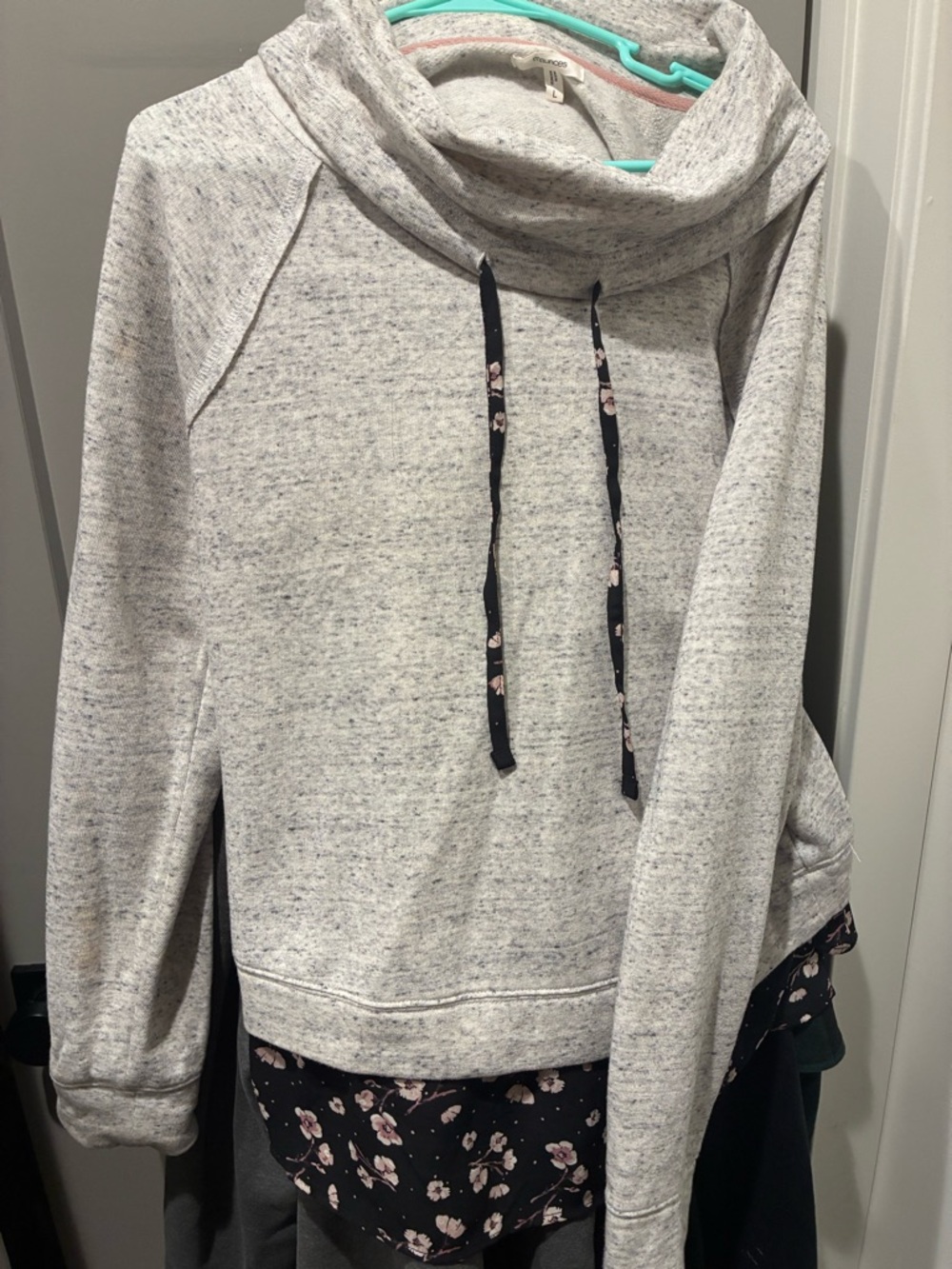Maurices Heather Gray Cowl Neck Pullover with Floral Trim
